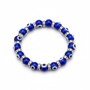 Blue Evil Eye Beaded Bracelet Rhinestone Charm Stretch Boho Fashion‎ Jewelry